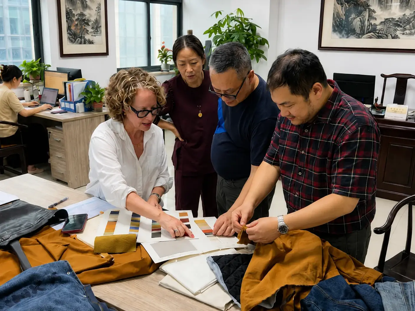 The Source Haus China team and visitors reviewing fabric samples together